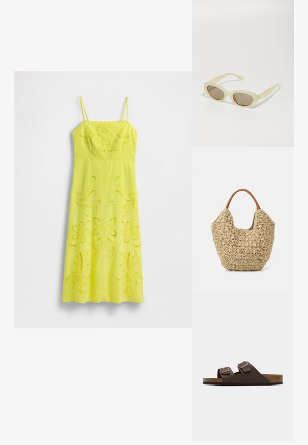 Vestido amarelo de algodão com alças finas, apresentando padrões intrincados de recortes florais e uma silhueta reta.; Sandal com sola plana castanha, com duas tiras ajustáveis. Feito de um material suave, com uma palmilha de cortiça e sola de borracha texturizada.; Óculos de sol ovais com uma armação translúcida em amarelo pálido e lentes castanhas. Apresentam uma textura suave e discretos detalhes metálicos nas laterais.; Saco de palha trançada com uma textura natural e uma forma suave e orgânica, apresentando alças de couro castanho para facilitar o transporte.