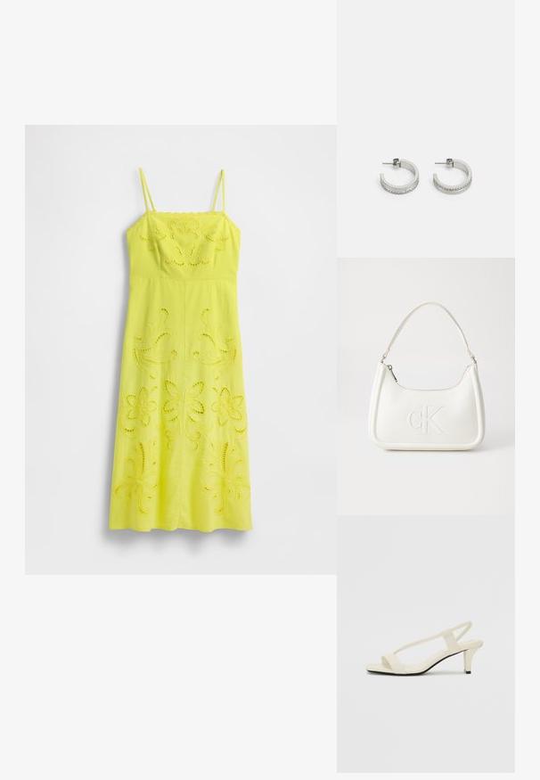 Robe en coton jaune à fines bretelles, présentant des motifs floraux ajourés complexes et une silhouette droite.; Sandales beiges à talons carrés avec des fines brides et un bout carré. Matière lisse avec des détails minimaux, conçues pour un port facile.; Sac à main en cuir blanc avec une forme courbée, arborant un logo "CK" embossé à l'avant et une seule bandoulière. Fermeture à glissière en haut.; Boucles d'oreilles en argent en forme de créoles présentant une surface lisse et une rangée de petites pierres claires le long du bord inférieur, avec une fermeture à tige.
