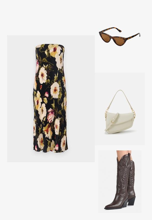 Olkapään ilman hihnoja musta mekko, jossa on laskostettu suunnittelu ja suuret kukkakuviot kerma-, pinkki- ja vihreissä sävyissä. Polven alapuolelle ulottuva, jossa on hienovaraiset röyhelöt.; Ruske nahkasaappaat, joissa on terävä kärki ja laatikkokorko, varustettu yksityiskohtaisella ompelulla ja kohotetuilla yksityiskohdilla varsiosassa.; Kattöga solglasögon med en svart och orange sköldpaddsmönstrad båge, bruna linser och slanka, spetsiga spetsar. Har en minimal logotyp på skalmen.; Pieni kerma beige käsilaukku, jossa on teksturoitu pinta, pitkä säädettävä olkahihna, ketjua korostava yksityiskohta ja läppälukko. Kultaista metalliosaa.; Kultaketjut kullasta, joissa on sileä, kiiltävä pinta. Pyöreä muotoilu, jossa on pieni tappi ja kirkas taustalevy turvalliseen käyttöön.