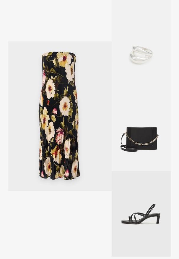 Robe noire sans bretelles avec un design plissé, ornée de grands motifs floraux en crème, rose et vert. Longueur sous le genou avec de subtils volants.; Sandale noire à lanières avec un bout carré et un petit talon bloc. Elle présente plusieurs fines lanières et une sangle de cheville ajustable. Fabriquée en cuir lisse.; Sac bandoulière en cuir noir avec une texture lisse, de forme rectangulaire et un détail en chaîne métallique à l'avant. Sangle réglable incluse.; Bague en argent à double bande avec une surface lisse et polie. Présente un design fluide et courbé avec des sections qui se chevauchent pour un look moderne.