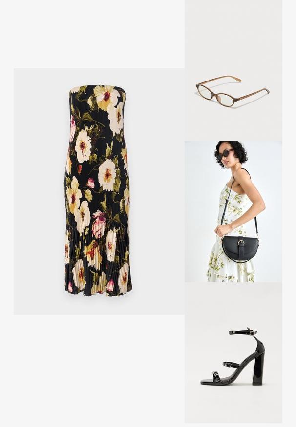 Čierne šaty bez ramienok s plisovaným dizajnom, zdobené veľkými kvetinovými vzormi v krémovej, ružovej a zelenej farbe. Dĺžka pod kolená s jemnými volánikmi.; Čierne lakované sandále na podpätku so štvorcovou špičkou, navlečenými remienkami okolo členku a striebornými prackami. Disponujú masívnym blokovým podpätkom pre stabilitu.; Hnedé želvovinové okuliare s oválnymi sklíčkami, tenkými ramenami a priesvitnými akcentmi. Obsahujú jemný logo na stranici. Štýlový, ľahký dizajn.; Čierna kožená kabelka s zaobleným tvarom, odnímateľným popruhom a zlatými doplnkami. Kabelka má klopu s detailom s prackou.