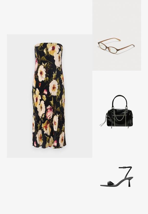 Rochie neagră fără bretele, cu un design pliat, având mari modele florale în nuanțe de crem, roz și verde. Până la genunchi, cu volane subtile.; Bershka Sandale cu toc - black; Ochelari în nuanță de țestoasă maro, cu lentile ovale, brațe subțiri și accente transparente. Prezintă un logo subtil pe tâmplă. Design elegant și ușor.; Bershka WITH CHAIN - Geantă de mână - black
