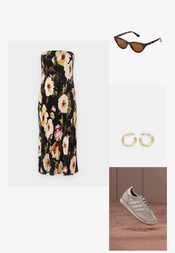 Schwarzes trägerloses Kleid mit einem plissierten Design, das große blumige Muster in Creme, Pink und Grün aufweist. Knielang mit subtilen Rüschen.; Beige Sneaker mit Obermaterial aus Wildleder und Mesh, weißen drei Streifen, brauner Gummisohle, blauen Schnürsenkeln und goldenem Akzentlogo. Klassisches Retro-Design.; Katzenaugen-Sonnenbrille mit einem schwarz-orangenen Schildpattrahmen, braunen Gläsern und schlanken, spitzen Enden. Verfügt über ein minimalistisches Logo am Bügel.; Goldene Creolen mit einer glatten, glänzenden Oberfläche. Zirkuläres Design mit einem kleinen Stecker und einer klaren Rückseite für einen sicheren Sitz.