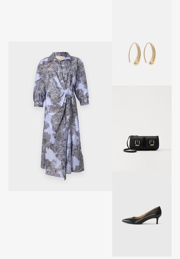 Gaiši zila kleita ar melnu botānisku rakstu, ar apkakles kaklu, pūkām piedurknēm un sasietu vidukļa detaļu. Gluda auduma, līdz ceļiem.; Melnas ādas augstpapēžu kurpes ar pīlādžu purngalu, zemu papēdi un gludu virsmu. Raksturīga neliela atvere priekšā un minimāls aprīkojums aizmugurē.; Melnas ādas crossbody soma ar divām priekšējām kabatām, zelta sprādzēm, ar rāvējslēdzēju aizdari un šauru siksnu. Strukturēta virsma un kompakta taisnstūra forma.; Zelta toņu metāla gredzena auskari ar izliektu, pagarinātu formu. Ar gludu, spīdīgu virsma un noapaļotu galu papildu detaļām.