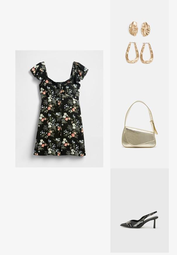 Rochie scurtă neagră cu mâneci bufante, decolteu cu dantelă și model floral multicolor în nuanțe de roz, alb, albastru și frunze verzi.; Pantofii slingback din piele lăcuită neagră, cu vârf ascuțit, bretele pentru gleznă cu catarame și accesorii din argint, și un toc subțire.; Geantă de umăr metalică aurie cu un design structurat, textură netedă și curea reglabilă. Prezintă o formă triangulară unică și cusături minimaliste.; Cercei aurii cu forme texturate și ondulate. Include studs sculpturale cu clip și un design de cerc deschis cu un finisaj cioplit.