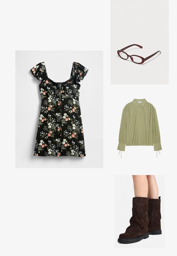 Sort kort kjole med pufærmer, blondekant ved halsen og flerfarvet blomstermønster i pink, hvid, blå og grønne blade.; Lys grøn langærmet skjorte med knaplukning foran, krave, tekstureret stof og slipse detaljer ved manchetterne. Lige kantdesign.; Brune ruskind støvler til midt på læggen med sorte gummisåler, båret på bar ben, med let rynkning på støvleskaftet.; Ovale røde solbriller med klare linser og slanke brune stel. Designet har subtile kurver og minimalt hardware.