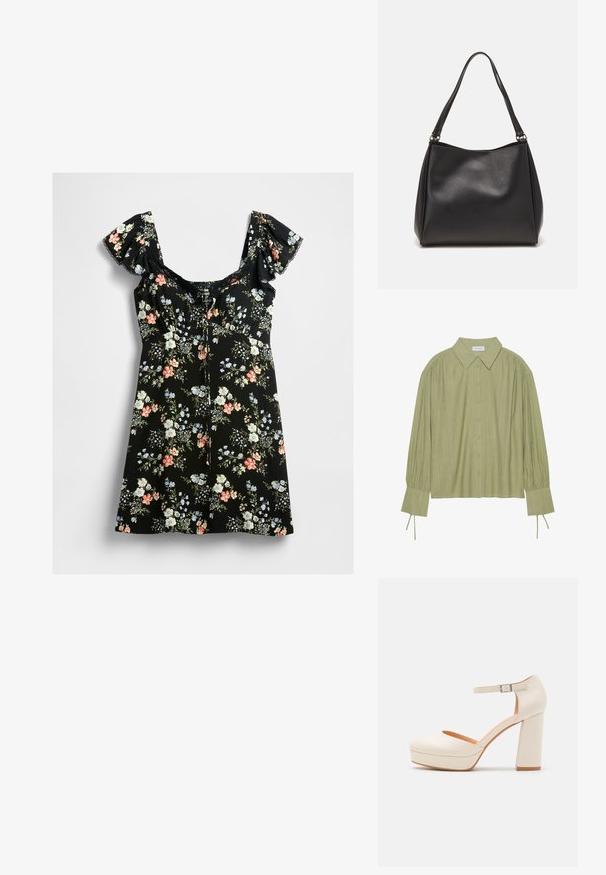 Robe noire courte avec des manches bouffantes, un col en dentelle et un motif floral multicolore avec des teintes de rose, blanc, bleu et des feuilles vertes.; Chemise à manches longues vert clair avec un devant boutonné, un col, un tissu texturé et des détails de cravate aux poignets. Conception à ourlet droit.; Talons compensés de couleur crème avec un bout rond et une bride de cheville réglable. Présente un talon épais avec une légère accent en bois.; Sac à main en cuir synthétique noir avec une texture douce, forme hobo et doubles poignées; présente une finition brillante et un design minimaliste.