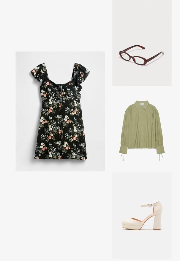 Robe noire courte avec des manches bouffantes, un col en dentelle et un motif floral multicolore avec des teintes de rose, blanc, bleu et des feuilles vertes.; Chemise à manches longues vert clair avec un devant boutonné, un col, un tissu texturé et des détails de cravate aux poignets. Conception à ourlet droit.; Talons compensés de couleur crème avec un bout rond et une bride de cheville réglable. Présente un talon épais avec une légère accent en bois.; Des lunettes de soleil rouges en forme ovale avec des verres transparents et une monture brune élégante. Le design présente des courbes subtiles et un matériel minimal.; Sac à main en cuir synthétique noir avec une texture douce, forme hobo et doubles poignées; présente une finition brillante et un design minimaliste.