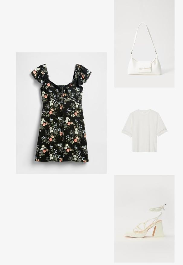 Črna kratka obleka s napihnjenimi rokavi, čipkastim obrobo pri vratu in mnogobarvnim cvetličnim vzorcem v roza, belem, modrem in zelenem listju.; Bela kratka majica s kratkimi rokavi iz bombaža, okrašena z dekorativnim čipkastim robom ob rokavih in okroglo izrezom.; Bela sandala na visokih petah s debelim petam, ki ima obliko trakcev in vezanje okoli gležnja. Gladka tekstura z platformo spredaj za dodatno višino.; Bela sintetična torbica v obliki trikotnika, z ravnim sprednjim poklopcem in detajlom mašne, nastavljivim trakom, gladko teksturo in minimalističnim dizajnom.