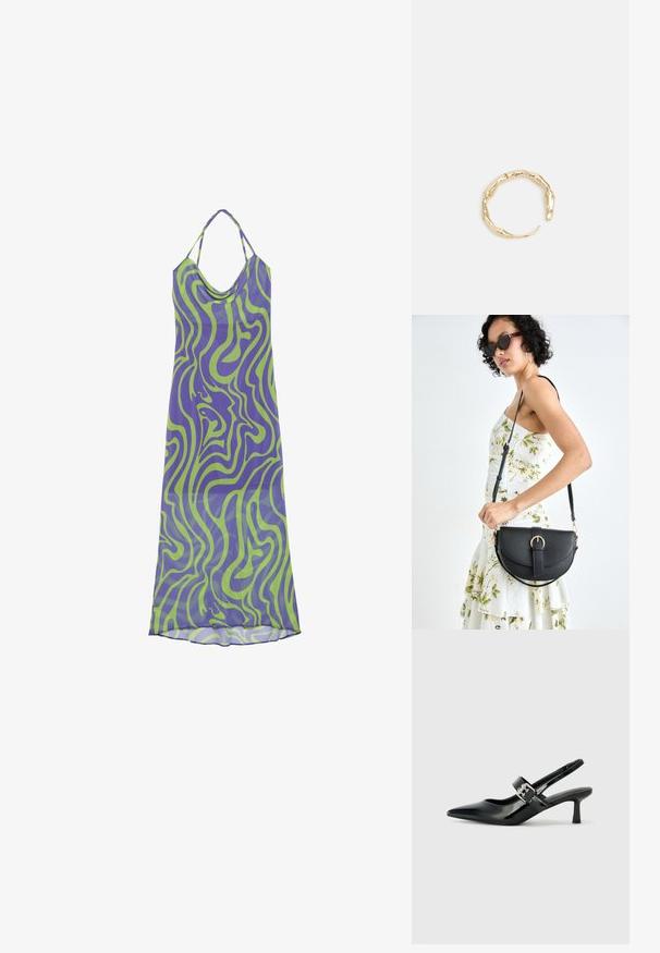 Violet ir žalias spiralės rašto suknelė su gaubtu ir halterio petnešomis, pagaminta iš lengvos medžiagos, pasižyminti ilga, laisvai krintančia suknele.; Juodai lakuoti slingback aukštakulniai su smailiu kojų pirštu ir mažais blokiniais kulniukais, su sidabro sagtimi ant dirželio.; Juodas odinis krepšys su išlenkta forma, nuimamu dirželiu ir auksiniais detalėmis. Krepšys turi kilpą su sagtimi.; Auksinės spalvos žiedas, turintis organišką, sukimosi dizainą su lygiu paviršiumi ir siaurėjančiais galais, sukuriantis modernią skulptūrinę išvaizdą.