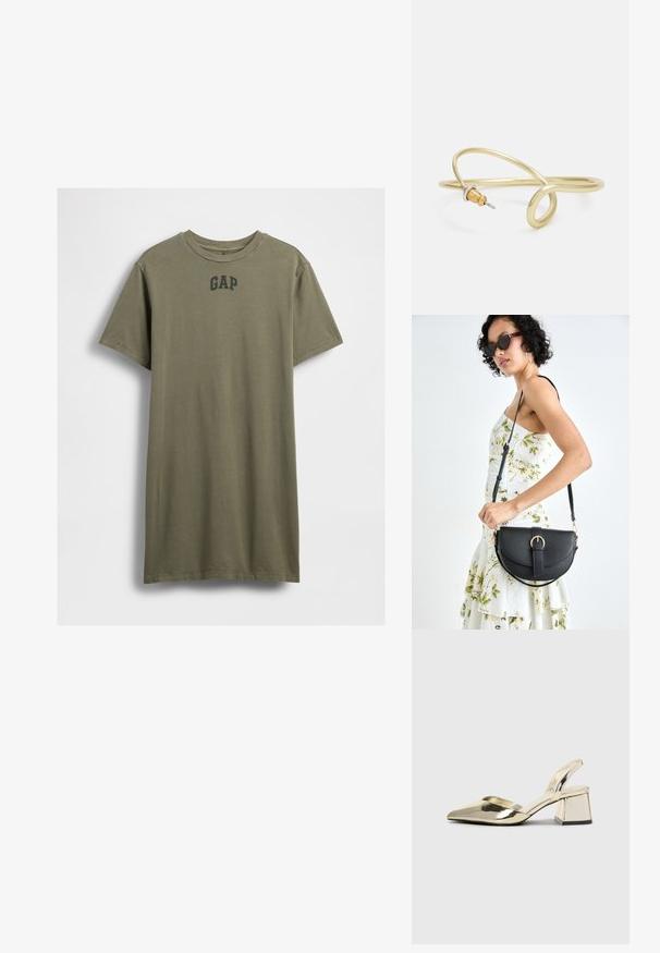 Õlivaelise värvi lühikeste varrukatega puuvillane T-särk ümaratest kaelustest ja must GAP logo keskel rinnal.; Kuldne, metallilised slingback-kudumid terava varba ja paksu kontsaga. Sile tekstuur, minimalistlik disain ja kitsas rihm.; Mustmust mustraha kõverate joontega, eemaldatava rihmaga ja kuldsete detailidega. Kotil on klapp, millel on pandladetail.; Kuldne metallist käevõru, millel on voolav ja kõver disain. Ühel otsal on väike, silmapaistev hõbedane aktsent.