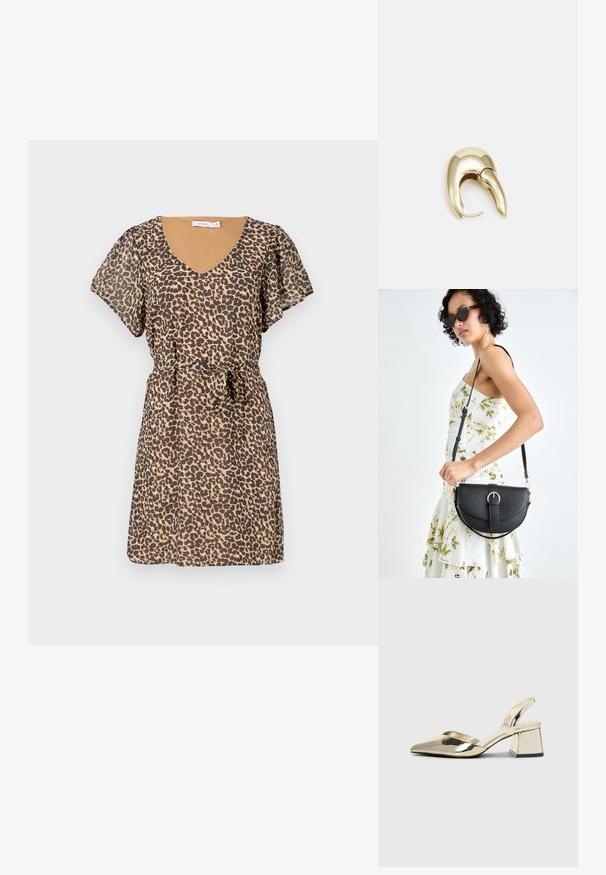 Haljina s uzorkom leoparda, V-izrezom i kratkim lepršavim rukavima. Izrađena od lagane tkanine, s strukom naglašenim odgovarajućim remenom.; Zlatni metalik slingback sandali s šiljatim vrhom i debelim potpeticama. Glatka tekstura, minimalistički dizajn i uski remen.; Crna kožna torba s lukovitim oblikom, odvojivim remenom i zlatnim detaljima. Torba ima preklop s kopčom.; Zlatne metalne naušnice s elegantnim, zakrivljenim dizajnom. Imaju karakterističan šiljast oblik, poliranu površinu i zatvaranje na šarku.