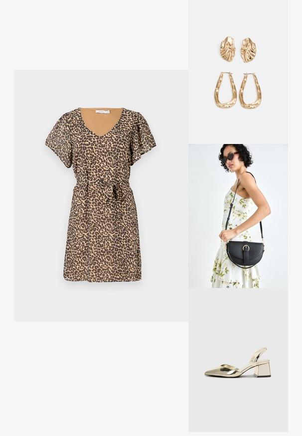 Leopárdmintás ruha V-kivágással és rövid, fodros ujjal. Könnyű anyagból készült, deréknál szűkített, hozzáillő övvel.; Arany, fémből készült slingback sarkú cipők hegyes orral és vastag sarokkal. Simaság, minimalista design és keskeny pánt jellemzi.; Fekete bőrtáska ívelt formával, levehető pánttal és arany színű fémrészekkel. A táskán egy csattal díszített fedél található.; Aranyszínű fülbevalók, texturált, hullámos formákkal. Tartalmazza a szobrászati klipszes studokat és az open hoop kialakítást, kalapácsos felülettel.