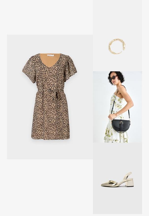 Haljina s uzorkom leoparda, V-izrezom i kratkim lepršavim rukavima. Izrađena od lagane tkanine, s strukom naglašenim odgovarajućim remenom.; Zlatni metalik slingback sandali s šiljatim vrhom i debelim potpeticama. Glatka tekstura, minimalistički dizajn i uski remen.; Crna kožna torba s lukovitim oblikom, odvojivim remenom i zlatnim detaljima. Torba ima preklop s kopčom.; Prsten u zlatnoj nijansi s organskim, uvijenim dizajnom, glatkom teksturom i suženim krajevima, koji stvara moderan, skulpturalni izgled.