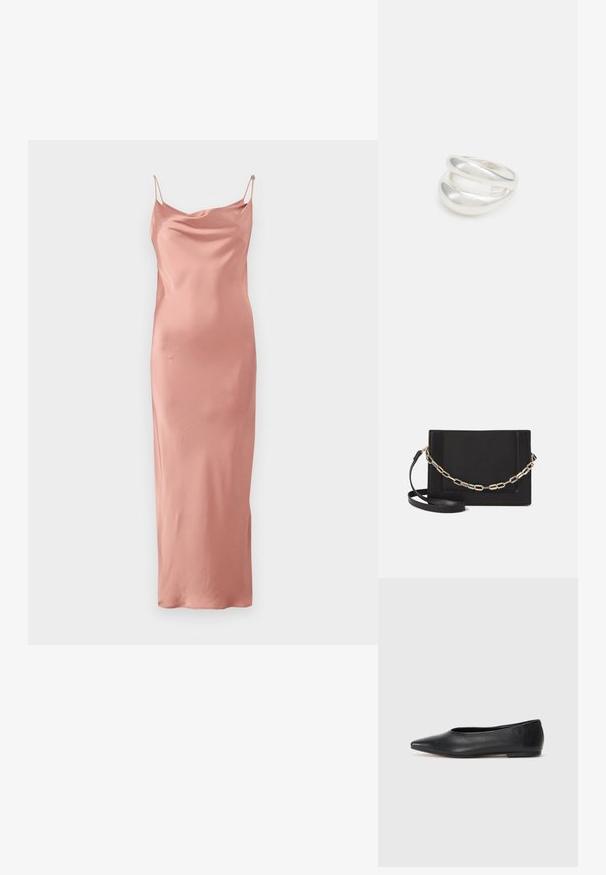 Švytinti midi suknelė šviesiai rožinės spalvos, su reguliuojamomis plonomis petnešėlėmis, drapiruotu kaklu ir švelnia, glotnia tekstūra. Be raštų ar papildomų detalių.; Juodas odinis baleto batas, su smailiu pirštu, minimalistinio dizaino, lygiu paviršiumi, žemo profilio kulnu, be matomos aparatūros ar papuošimų.; Juodas odinis per petį nešiojamas krepšys turi lygų paviršių, stačiakampio formą ir metalinę grandinėlę priekyje. Pridedama reguliuojama dirželis.; Sidabrinis dvigubas žiedas su lygiu, poliruotu paviršiumi. Pasižymi sklandžiu, kreiptu dizainu su persipinančiomis dalimis, suteikiančiomis modernų išvaizdą.