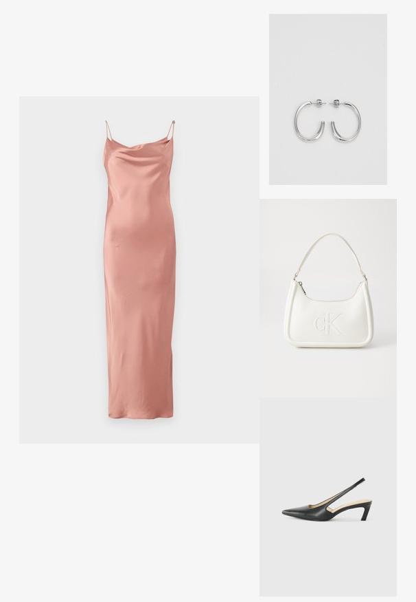 Heledad midi kleit heles roosas, reguleeritavate õhukeste rihmadega, koinen kaelusega ja siledast, läikivast materjalist. Ilma mustrite ja lisaelementideta.; Must mustaga, terav varvas, madala kontsaga sildiga king, mis on valmistatud siledast nahast ja mille küljel on lõike disain hingavuse tagamiseks.; Valge nahast käekott, millel on kumer kuju, esiküljel on reljeefne "CK" logo ja üks õlavarre rihm. Ülemine tõmblukkuu.; Hõbedased rõngaskõrvarõngad, millel on sile ja läikiv pind. Ümar kuju, kerge disain, millel on post-tagumise kinnituse süsteem.