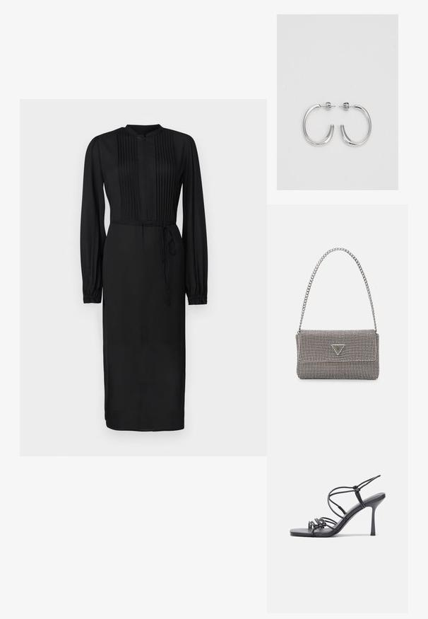 Melnas kleitas ar garām piedurknēm, plātnē priekšā, augstu apkakli un pieguļošu jostu viduklī. Izgatavota no gludas auduma ar taisnu siluetu.; Melnas augstpapēžu sandales ar plāniem siksniņām un mezgla dizainu, gluda kvadrātveida purngalu un elegantu stiletto papēdi.; Gaiši pelēka metāla rokassoma ar ķēdes siksnu, rotāta ar mazām apaļām metāla kniedēm un trīsstūra zīmola logo.; Sudraba riņķveida auskari ar gludu, spīdīgu apdari. Apaļas formas, viegla dizaina, ar aizdari uz stieples.