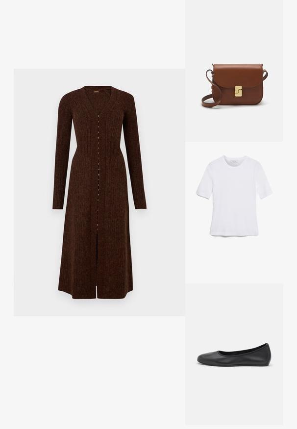 Barna kötött kardigán hosszú ujjakkal, V nyakkivágással és gombos elejével. Bordás textúrával rendelkezik és félvádli hosszúságú.; Fehér, rövid ujjú póló ribbed anyagból. Kerek nyakkivágás, normál szabás és diszkrét varrási részletek. Nincsenek minták vagy grafikák.; Fekete bőr balettcipő lekerekített orral, sima tekstúrával, minimális varrással és rugalmas talp kialakítással.; Barna bőr kézitáska, hajtókás zárással, arany színű fém kiegészítőkkel, vállpánttal és sima felülettel. Kompakt téglalap alakú.