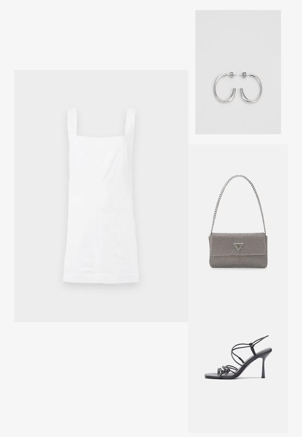 Valge ilma varrukateta särk, mis on valmistatud siledast kangast, omades ruudukujulist kaelust ja sirget allääret. Lihtne disain, ilma nähtavate mustrite või aktsentideta.; Mustad musta värvi kontsandaalid on varustatud peente rihmadega, millel on sõlmekujundus, siledad ruudukujulised varbad ja stiilne stilettokonts.; Helehall metallik handbags, millel on kett, kaunistatud väikeste ümmarguste metallist õmblustega ja kolmnurkse brändi logoga.; Hõbedased rõngaskõrvarõngad, millel on sile ja läikiv pind. Ümar kuju, kerge disain, millel on post-tagumise kinnituse süsteem.