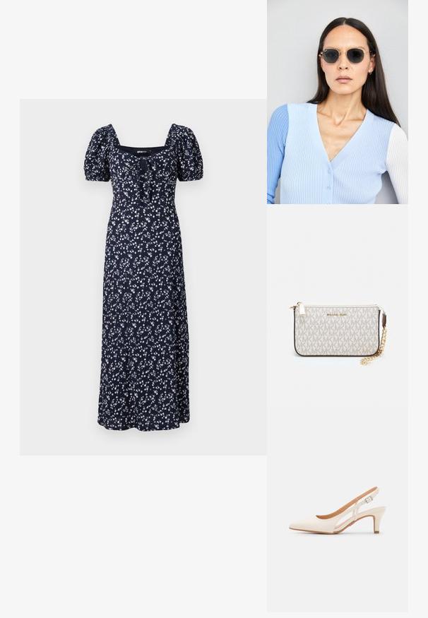 Marinblommig maxiklänning med puffärmar, fyrkantig halsringning och knytning fram. Har ett spritt mönster av vita blommor.; Vit slingbackklack med spetsig tå, slät ovandel, låg blockklack och sidoutskärning med justerbar spänne.; Runda solglasögon med mörka linser och guldramar. Modellen bär en ljusblå, ribbad cardigan med knappar och kontrasterande vita ärmar.; Michael Kors handledos i beige belagd kanvas med ett upprepande MK-logomönster, gyllene detaljer och ett avtagbart kedjehandtag.