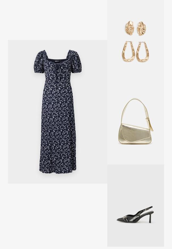 Marineblå blomster maxi-kjole med pufferm, firkantet hals og knytedetalj foran. Har et sprøtt hvitt blomstermønster.; Sorte patentlær slingback-sko med spiss tå, ankelremmer med sølvspenner og detaljer, og en slank hæl.; Gullfarget metallisk håndveske med en strukturert design, glatt tekstur og justerbar stropp. Har en unik trekantet form og minimalistisk søm.; Gullfargede øredobber med teksturerte, bølgete former. Inkluderer skulpturelle klipsstuds og åpen hoop-design med en hamret finish.