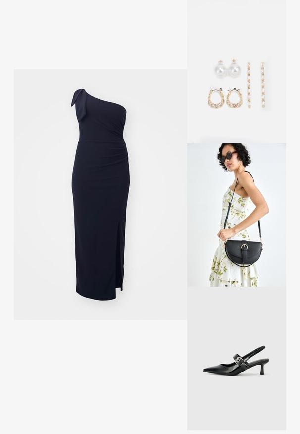 Félvállas fekete ruha, testhezálló kialakítással, ráncolt részletekkel a deréknál és oldalsó hasítékkal, amely a comb közepéig ér. Puha szövet textúra.; Fekete lakkbőr slingback sarkú cipők hegyes orral és kis blokk talppal, ezüst csat díszítéssel a pánton.; Fekete bőrtáska ívelt formával, levehető pánttal és arany színű fémrészekkel. A táskán egy csattal díszített fedél található.; Három fülbevalópár: nagy fehér gyöngy fülbevalók, arany karika fülbevalók, tiszta drágakövekkel, és két hosszú, egyenes arany akcentus fülbevaló csillogó részletekkel.