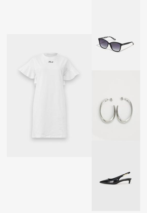 Λευκό βαμβακερό φόρεμα με κοντά ριχτά μανίκια και στρογγυλή λαιμόκοψη με μαύρο κεντητό κείμενο κοντά στον γιακά. Απλό και ευθύ σχέδιο.; Μαύρες δερμάτινες γόβες slingback με μυτερή μύτη, διαθέτοντας λεπτό τακούνι και χρυσή λεπτομέρεια στην ρυθμιζόμενη λωρίδα. Λείος υφές.; Μαύρα γυαλιά ηλίου με gradient φακούς, τετράγωνο σχήμα και μια υφασμάτινη μπορντούρα σε μαύρο και λευκό. Διαθέτουν ασημένια λογότυπο.; Ασημένια σκουλαρίκια κρίκοι με μαλακή, καμπυλωτή σχεδίαση. Διαθέτουν γυαλιστερή μεταλλική υφή και κλείσιμο με σφίγγα. Χωρίς ορατά μοτίβα ή διακοσμήσεις.