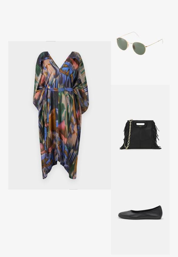 Multicolored kaftan dress in lightweight fabric, featuring a v-neck, flowing sleeves, and a tie belt. Designed with abstract patterns in blue, green, and brown.; Black leather ballet flat with a rounded toe, smooth texture, minimal stitching detail, and a flexible sole design.; Gold metal frame sunglasses with green lenses, round shape, thin temples, and white plastic accents on the tips of the arms.; Black leather handbag with fringe details, gold chain shoulder strap, and a cut-out handle. Features logo placement on the front.