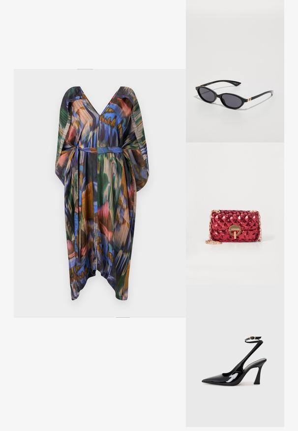 Večbarvna kaftan obleka iz lahke tkanine, z V-izrezom, zračnimi rokavi in z veznim pasom. Oblikovana z abstraktnimi vzorci v modri, zeleni in rjavi barvi.; Črne patentne usnjene slingback visoke pete s koničastim nosom, nastavljivim gležnjastim trakom in zmerno blokasto peto. Gladka tekstura z bleščečim zaključkom.; Črne sončne očala z ovalnimi lečami, temno gradientno zaščito ter ozkimi ročaji z diskretnimi zlatimi detajli. Gladka plastična površina.; Vanessa Bruno EXCLUSIVE MOON SEQUINS - Torba čez telo - red