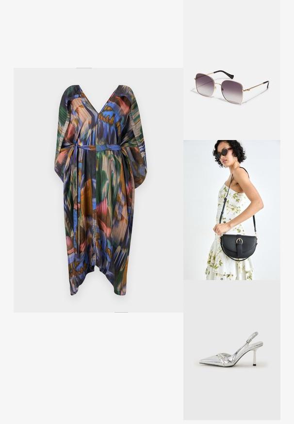 Viacfarebné kaftanové šaty z ľahkej tkaniny, s výstrihom do V, voľnými rukávmi a opaskom na zaviazanie. Navrhnuté s abstraktnými vzormi v modrej, zelenej a hnedej farbe.; Strieborné slingback lodičky na vysokom opätku s špicatou špičkou, metalickým povrchom, dvoma dekoratívnymi pruhmi a štíhlym opätkom s čiernym hrotom.; Gucci Slnečné okuliare - gold-coloured/grey; Čierna kožená kabelka s zaobleným tvarom, odnímateľným popruhom a zlatými doplnkami. Kabelka má klopu s detailom s prackou.