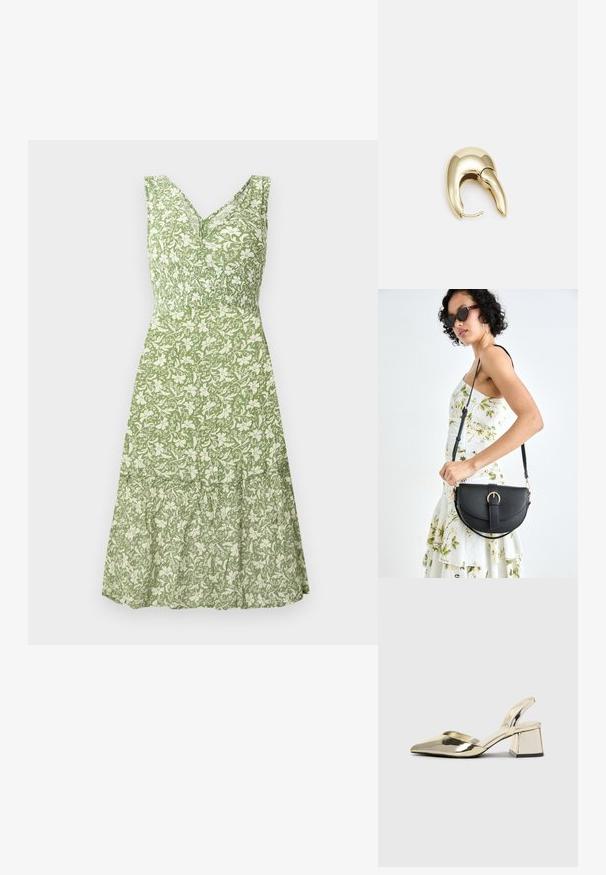 Zaļš ziedu kleita ar V-veida kaklu un bezpiedurkņu dizainu, ar smocētu augšdaļu un slāņotu frill apakšdaļu. Strukturēts audums.; Zeltaini, metāla kurpes ar siksniņām, norakans purngalis un masīla papēdis. Gluda tekstūra, minimālisma dizains un šaura siksna.; Melnas ādas rokassoma ar izliekta formu, noņemamu siksnu un zelta aksesuāriem. Somai ir vāciņš ar sprādzes detaļu.; Zeltīti metāla auskari ar gludu, izliekta dizaina. Ar atšķirīgu smailu formu, pulētu virsmu un eņģu aizdari.