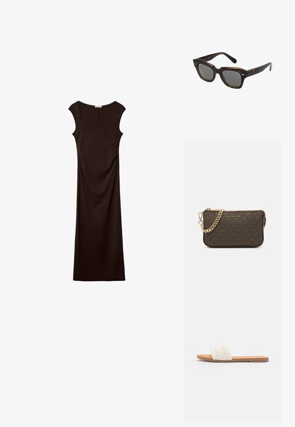 Stradivarius MIDI WITH SQUARE NECKLINE - Vestito di maglina - dark brown; Sandalo scivoloso bianco intrecciato con texture a treccia e perline decorative, dotato di una comoda soletta color biscotto e suola piatta in gomma.; Occhiali da sole rettangolari con montatura in plastica tartarugata, lenti scure e dettagli argentati sui lati. Made in Italy.; Borsa a tracolla in pelle marrone con motivo logo, tracolla in catena dorata, chiusura con zip e dettagli in metallo dorato. Forma compatta e rettangolare.; Anelli color oro con forme lisce e arrotondate che si intrecciano. Finitura lucida con una superficie riflettente, che mostra un design senza soluzione di continuità.