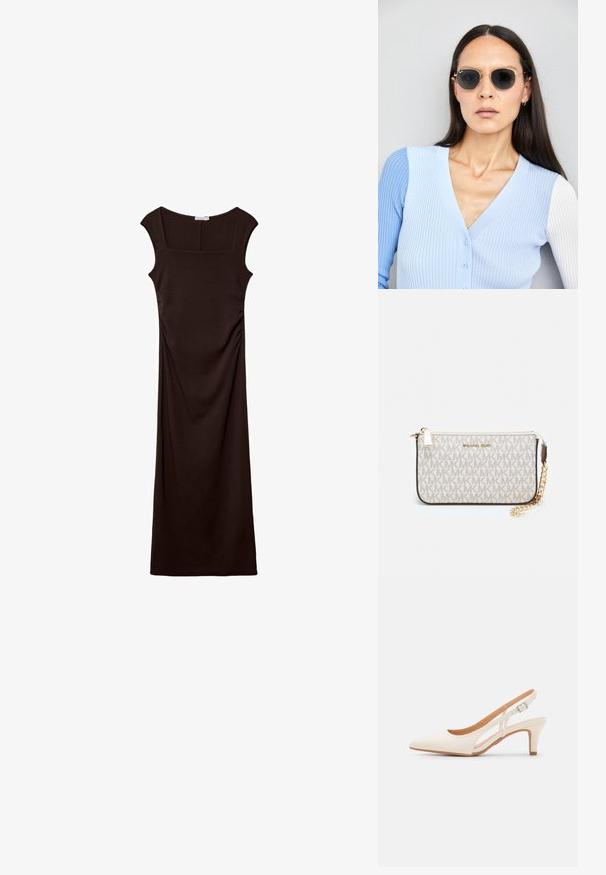 Stradivarius MIDI WITH SQUARE NECKLINE - Jersey dress - dark brown; White slingback heel with a pointed toe, smooth upper material, low block heel, and side cut-out design with adjustable buckle strap.; Round sunglasses with dark lenses and gold frames. The model wears a light blue, ribbed cardigan with buttons and contrast white sleeves.; Michael Kors wristlet in beige coated canvas featuring a repeating MK logo pattern, gold hardware, and a detachable chain strap.