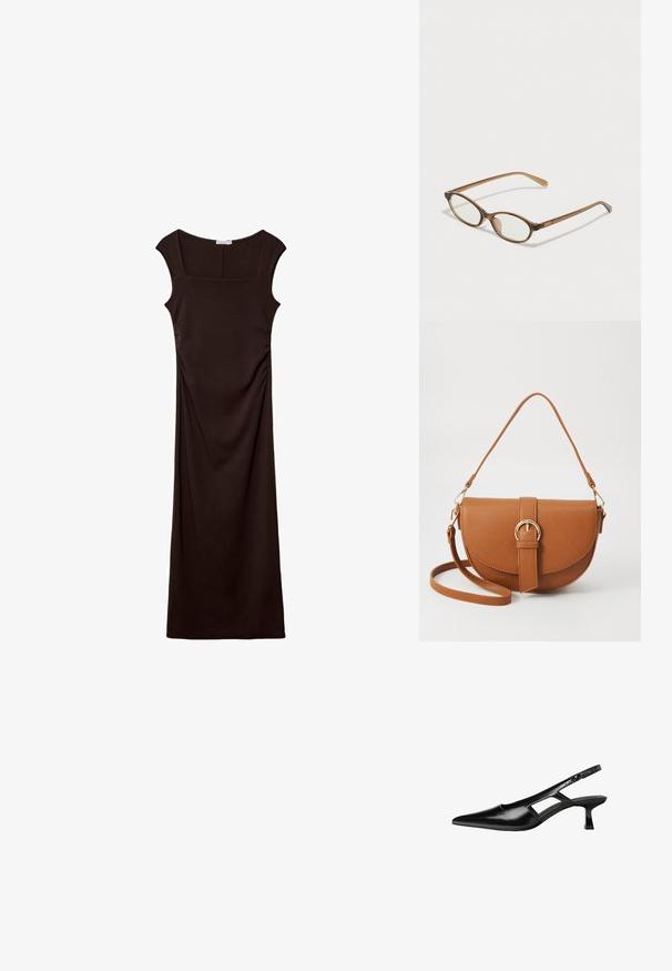 Stradivarius MIDI WITH SQUARE NECKLINE - Džersejové šaty - dark brown; Čierne lakované kožené lodičky na podpätku s špicatou špičkou, výrezovým dizajnom na boku a malým štvorcovým podpätkom. Hladký povrch s minimálnymi akcentmi.; Hnedé želvovinové okuliare s oválnymi sklíčkami, tenkými ramenami a priesvitnými akcentmi. Obsahujú jemný logo na stranici. Štýlový, ľahký dizajn.; Hnedá kožená kabelka cez telo s zakriveným tvarom, zlatými kovovými doplnkami a akcentom s prackou. Obsahuje odnímateľný ramenný popruh.