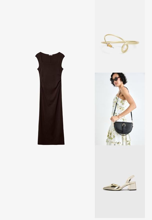 Stradivarius MIDI WITH SQUARE NECKLINE - Jerseykleid - dark brown; Goldene, metallische Slingback-Absätze mit spitzem Zeh und dicker Ferse. Glatte Textur, minimalistisches Design und ein schmaler Riemen.; Schwarze Lederhandtasche mit geschwungener Form, abnehmbarem Tragegurt und goldenen Beschlägen. Die Tasche verfügt über einen Deckel mit einer Schnallen-Details.; Goldfarbener Metallarmreif mit fließendem, geschwungenem Design. Er verfügt an einem Ende über einen kleinen, auffälligen, silberfarbenen Akzent.
