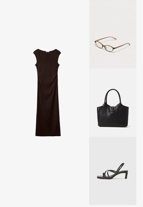 Stradivarius MIDI WITH SQUARE NECKLINE - Robe en jersey - dark brown; Sandale noire à lanières avec un bout carré et un petit talon bloc. Elle présente plusieurs fines lanières et une sangle de cheville ajustable. Fabriquée en cuir lisse.; Lunettes en écaille de tortue marron avec des verres ovales, des branches fines et des accents transparents. Présente un logo subtil sur la branche. Design élégant et léger.; Sac fourre-tout en cuir noir avec une texture lisse, une forme structurée, deux poignées et un détail en boucle argentée proéminent à l'avant.