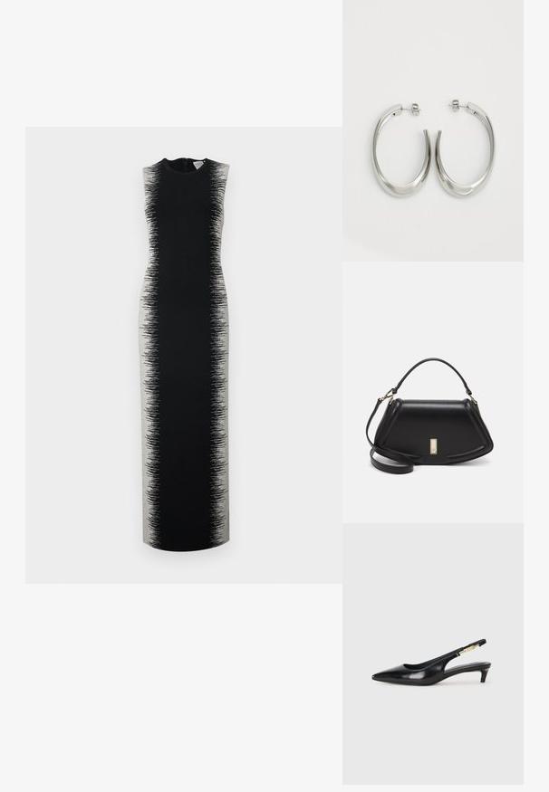 Black sleeveless dress with a long, streamlined silhouette featuring a grey gradient pattern transitioning from solid to textured.; Black leather slingback heels with a pointed toe, featuring a slim heel and a gold-tone accent on the adjustable strap. Smooth texture.; Black leather handbag with a structured design, featuring a cropped shape, top handle, and gold hardware accent. Adjustable shoulder strap included.; Silver hoop earrings with a smooth, curved design. Features a shiny metallic finish and stud closure. No visible patterns or accents.