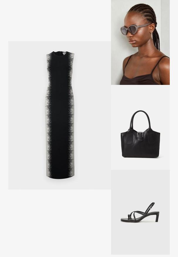 Sort ærmeløs kjole med en lang, strømlinet silhuet, der har et grå gradientmønster, som overgår fra ensfarvet til struktureret.; Sort remsandale med firkantet tå og en lav blokeret hæl. Har flere tynde stropper og en justerbar ankelrem. Fremstillet af glat læder.; Grå oversized solbriller med rund form og mørke linser. Slank plastikramme med en glat finish. Modellen har fletninger.; Sort læder tote taske med glat tekstur, struktureret form, to håndtag og en fremtrædende sølvspænde detalje på forsiden.