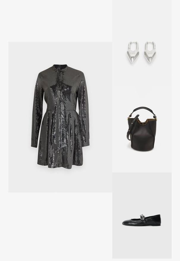 Rochie neagră cu paiete, cu mâneci lungi și guler înalt, având un corp strâns și fustă în linie A. Textură reflectorizantă pe întreaga suprafață.; Balerini din piele neagră, cu vârful ascuțit, având o curea cu o cataramă metalică circulară și o talpă plată.; Geantă din piele neagră în stil bucket, cu un finisaj texturat, accente din metal auriu și un compartiment deschis. Dispune de o mânere scurtă și un curea de umăr ajustabilă.; Lacate în formă de inimă, argintii, cu inscripții gravate "DA" și "NU", finisaj lustruit, design simetric și un închizător robust din metal.