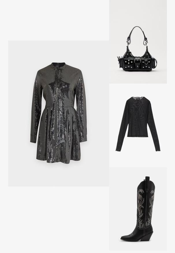 Juoda blizganti suknelė su ilgomis rankovėmis ir aukštu apykakle, turinti prigludusį liemenį ir A formos sijoną. Atspindinčio tekstūros visame paviršiuje.; Juodas ilgomis rankovėmis viršus, pagamintas iš permatomos medžiagos, turi apvalų iškirpimą, priekinį mygtukų užsegimą ir banguotus kraštus ant rankovių.; Juodi oda kaubojiški batai su smailiu nosiu, stulpeliu ir sidabriniais siuvinėti gėlių raštais palei šoną. Kontrastingas siuvinėjimas visoje bato dalyje.; Juodas odinis rankinukas su kreiviu dizainu, su sidabro spalvos knopkėmis, užsegimu ir dviem šoninėmis kišenėmis. Reguliuojama dirželis nešimui.