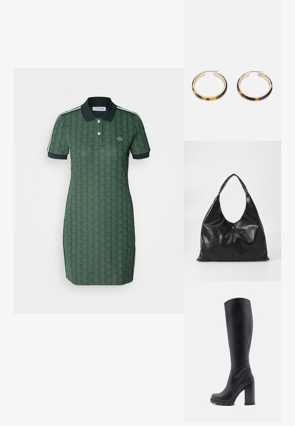 Zöld pólóruha rövid ujjal, texturált geometriai mintával, gallérral és fehér oldalsávokkal. Kicsi logó található a mellrészen.; Fekete, térdig érő csizma, sima bőrből készült, vastag sarkú, kerek orrú, tapadóval ellátott, textúrált talppal, letisztult dizájn, díszítések nélkül.; Fekete bőr hobo táska sima, fényes textúrával, széles, ívelt fogantyúval és diszkrét elülső redővel, amely fém snap zárással rendelkezik.; Arany tónusú karika fülbevalók teknősbékalábas mintázatú gyantaszegéllyel, sima felülettel és elegáns, kör alakú formával.