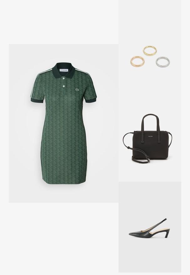 Grön poloklänning med korta ärmar, texturerat geometriskt mönster, krage och sidstryka i vitt. Har en liten logotyp på bröstet.; Svart spetsig slingback-sko med låg klack, som har ett slätt lädermaterial och utskärningsdesign på sidan för andningsförmåga.; Svart handväska med dubbla korta handtag och ett avtagbart axelband. Slät läderliknande material med dragkedjestängning och logodetalj.; Tre metallringar: en roséguld, en guld med texturerade detaljer och en silver, alla med ingraverad märkning på den inre ringen.