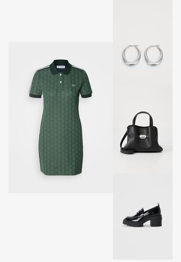 Zelena polo obleka s kratkimi rokavi, teksturiran geometrijski vzorec, ovratnik in stranske črte v beli barvi. Ima majhen logotip na prsih.; Črne lakirane loafer čevlje s debelim blok peto, ki imajo dekorativno strap in teksturirano gumirano podplato za oprijem.; Črna usnjena torbica z teksturirano površino, ki ima dva zgornja ročaja, odstranljiv ramenski trak in podrobnosti z srebrnim zapiranjem.; Par srebrne polirane obroče v obliki lune z zankami na belem ozadju.