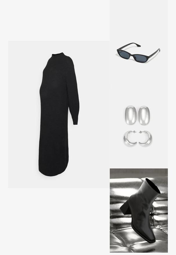 ONLY MATERNITY OLMLUCCA DRESS - Obleka/pulover - black; Črne gležnjarje iz sijočega materiala s kvadratnim prstom in zoženim peto, postavljene na sijoče srebrno oblazinjeno ozadje.; Črne mačkaste sončne očala z temnimi lečami, plastičnim okvirjem, ozkimi stebli ter diskretnim logotipom na notranji strani ročaja. Mat zaključna tekstura.; Set srebrnih uhani: dva ovalna ušesa in dve obročni obliki, z visokim sijajem, gladko površino in okroglo obliko.