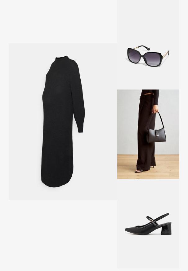 ONLY MATERNITY OLMLUCCA DRESS - Sukienka dzianinowa; Czarne lakierowane czółenka na słupku ze spiczastym noskiem, lekko zaokrąglonym wycięciem i obcasem w kształcie bloku. Posiadają złotą klamrę jako akcent dekoracyjny.; Czarne oversize okulary przeciwsłoneczne z gradientowymi soczewkami, grubymi oprawkami i złotym łańcuszkiem na ramionach.; Czarna torebka o usztywnionym kształcie, gładkiej fakturze i metalowym zapięciem. Połączona z szerokimi czarnymi spodniami i sandałami na otwartym palcu na drewnianej podłodze.