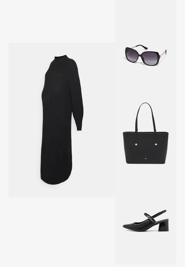 ONLY MATERNITY OLMLUCCA DRESS - Haljina s naramenicama - black; Crne lakirane slingback visoke potpetice s šiljastim vrhom, zaobljenim izrezom i blok potpeticom. Sadrži akcent zlatnog tona s kopčom.; Crne prevelike sunčane naočale s gradijentnim lećama, debelim okvirom i zlatnim lancem kao detaljem na krakovima.; Crna torba od sintetičkog materijala, s jednostavnim pravokutnim dizajnom, zlatnim kvadratnim detaljima i dvostrukim ručkama.