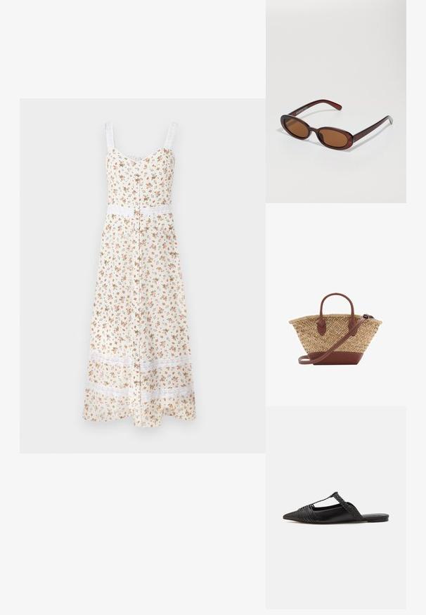 Kremowa sukienka midi w kwiaty z regulowanymi ramiączkami, guzikami z przodu oraz białą koronką przy talii i u dołu. Posiada małe pomarańczowe i zielone kwiatki.; Czarny skórzany but na odkrytej pięcie z pointed toe, ozdobiony plecionym akcentem i plisowanym wzorem górnej części. Płaska podeszwa z minimalnymi elementami.; Okrągłe, brązowe okulary przeciwsłoneczne z błyszczącą bordową oprawą. Cienkie ramiona z subtelnym detalem marki. Płaski kształt soczewek.; Woven straw basket bag with brown leather accents, two handles, and a detachable strap. Curved shape with a sturdy base.
