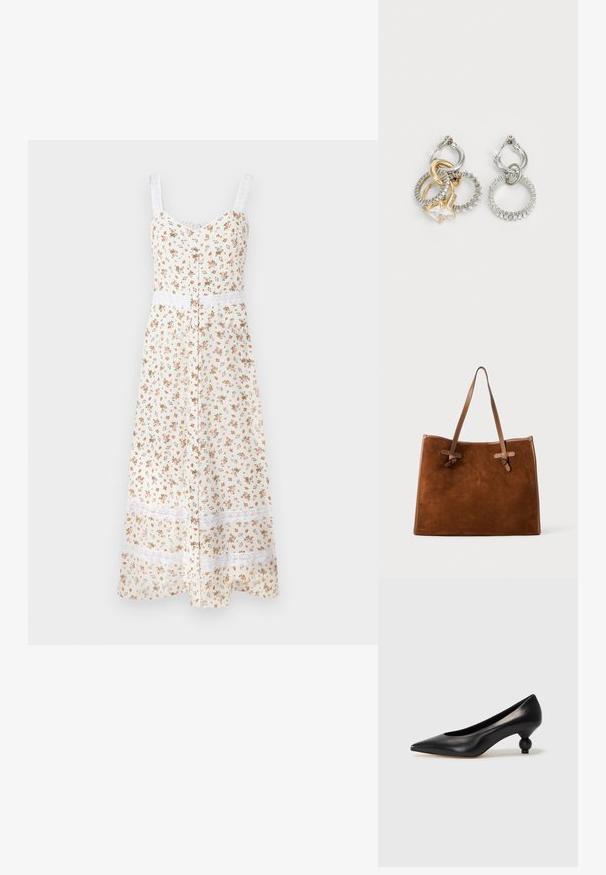 Robe midi florale en crème avec des bretelles spaghetti réglables, un devant boutonné et une dentelle blanche à la taille et à l'ourlet. Présente de petites fleurs orange et vertes.; Chaussure à talon haut en cuir noir avec un bout pointu et un talon arrondi. Texture lisse avec un design épuré et minimal.; Sac fourre-tout en daim marron avec deux poignées en cuir, de forme plate, avec des accents cousus et un détail de nœud sur les côtés. Aucune fermeture visible.; Boucles d'oreilles créoles composées d'anneaux entrelacés en or et en argent, avec un accent en zircon cubique transparent et un bandeau texturé sur un des anneaux.