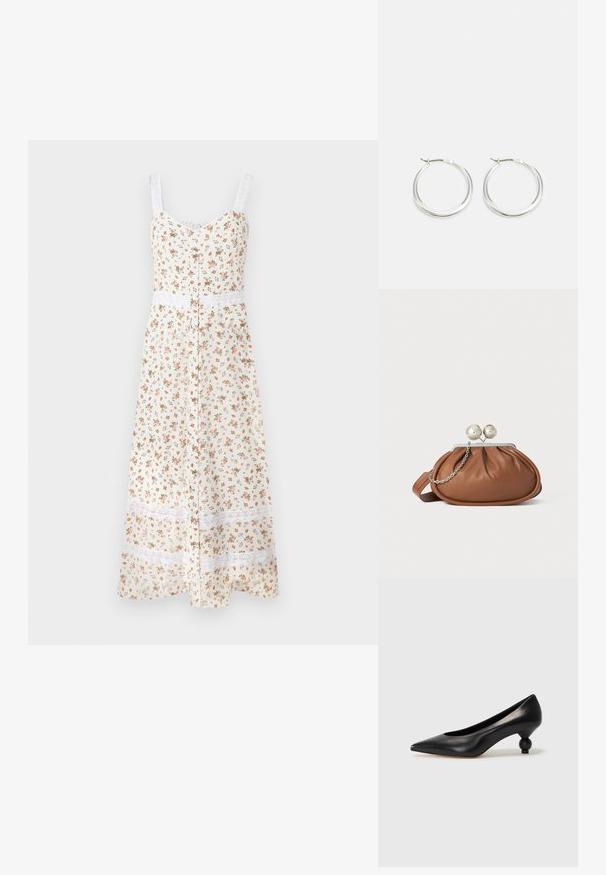 Blomstrende midi-kjole i creme med justerbare spaghetti-stropper, knapfront og hvidt blondetrim ved taljen og kanten. Har små orange og grønne blomster.; Sort læder høje hæle med spids tå og rund, kugleformet hæl. Glat tekstur med et stilrent, minimalistisk design.; Brun læder clutch-pung med sølv kugleklap og en lille sølv kædedetalje på en hvid baggrund.; Sølv hoops øreringe har et glat, afrundet design med en slank profil og sikker spænde. Minimalistisk stil med en poleret finish.