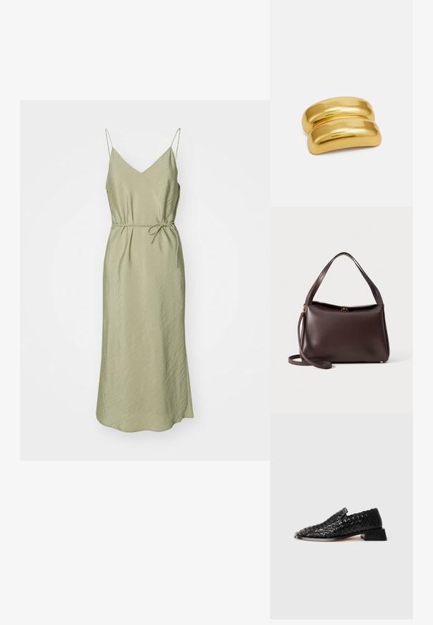 Vestido de satén verde oliva claro con tirantes finos, escote en forma de v, cintura ajustada y falda larga hasta los tobillos con un acabado texturizado.; Zapato slip-on de cuero negro trenzado con tacón bajo y detalle de borde ondulado, presentado sobre un fondo blanco.; Bolso de mano de cuero marrón con una forma estructurada, presenta un asa superior única y una correa para el hombro desmontable. Detalles de herrajes en tono dorado.; Clip para el cabello de metal color dorado con un diseño liso y redondeado. La superficie es reflectante, con una forma curva y unida sin adornos adicionales.